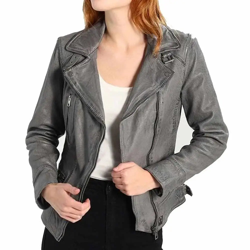 Women’s Elegant Gray Motorcycle Fashion Leather Jacket