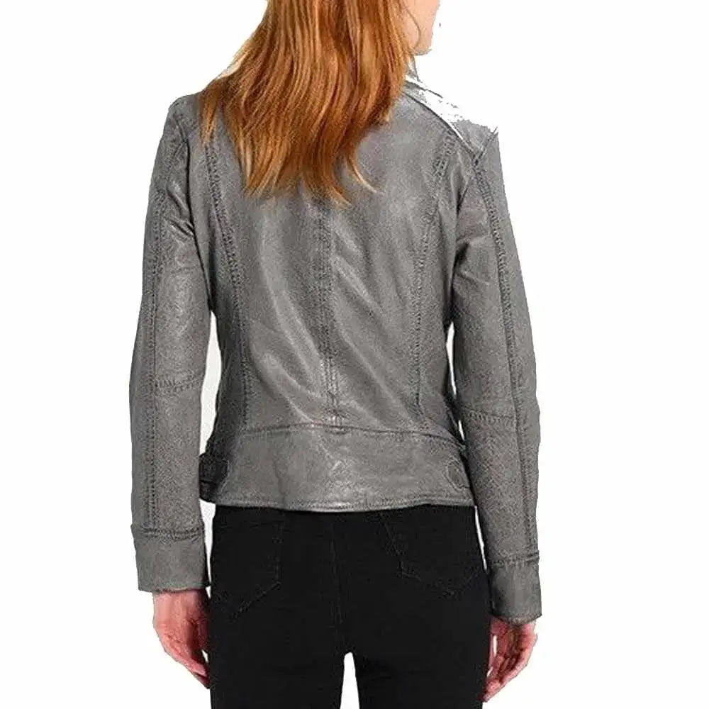 Women’s Elegant Gray Motorcycle Fashion Leather Jacket