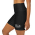 High-waisted black yoga shorts for women by Grey Coco, featuring all-over wedding-themed prints, ideal as bride accessories.