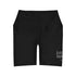 Black high-waisted yoga shorts for women by Grey Coco featuring "Just Ask God" statement design, made for comfortable active wear.