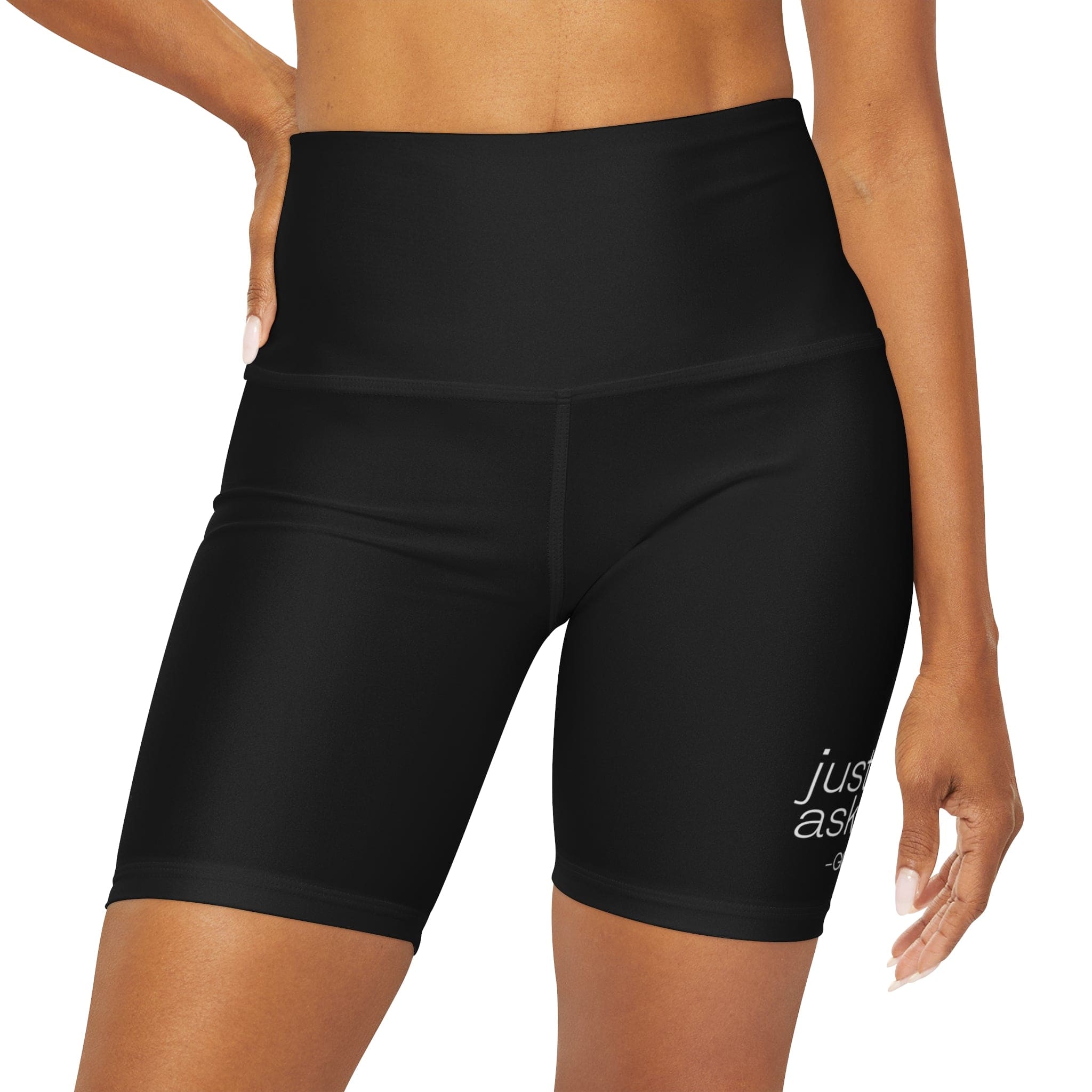 Women’s high-waisted black yoga shorts with “Just Ask God” statement, made by Grey Coco, styled for comfortable activewear.