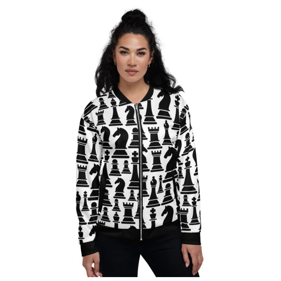 Black and white chess style bomber jacket for women by Grey Coco, featuring a sporty activewear design and trendy inque pattern.