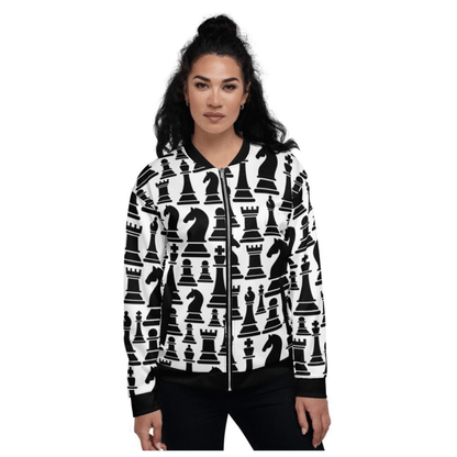 Women’s black and white chess print bomber jacket by Grey Coco, stylish activewear with a modern chess pattern.