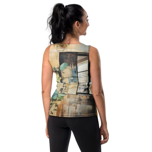 Women’s stretch fit tank top by Grey Coco featuring rustic botanical plant print, casual sleeveless design, size XS.