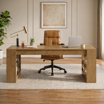 71" Executive Desk with Storage Shelves &amp; Ergonomic High-Back Office Chair Set, Rustic Brown