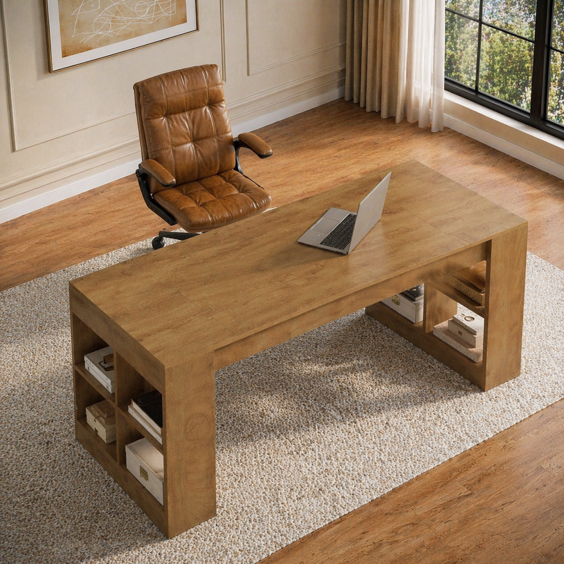 71" Executive Desk with Storage Shelves &amp; Ergonomic High-Back Office Chair Set, Rustic Brown