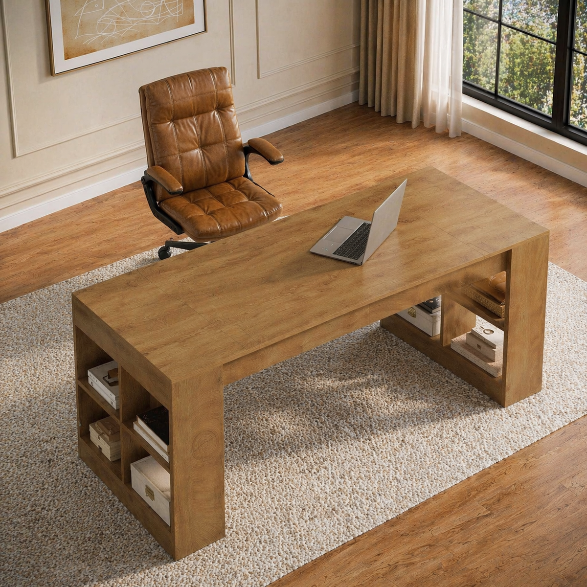 71" Executive Desk with Storage Shelves &amp; Ergonomic High-Back Office Chair Set, Rustic Brown