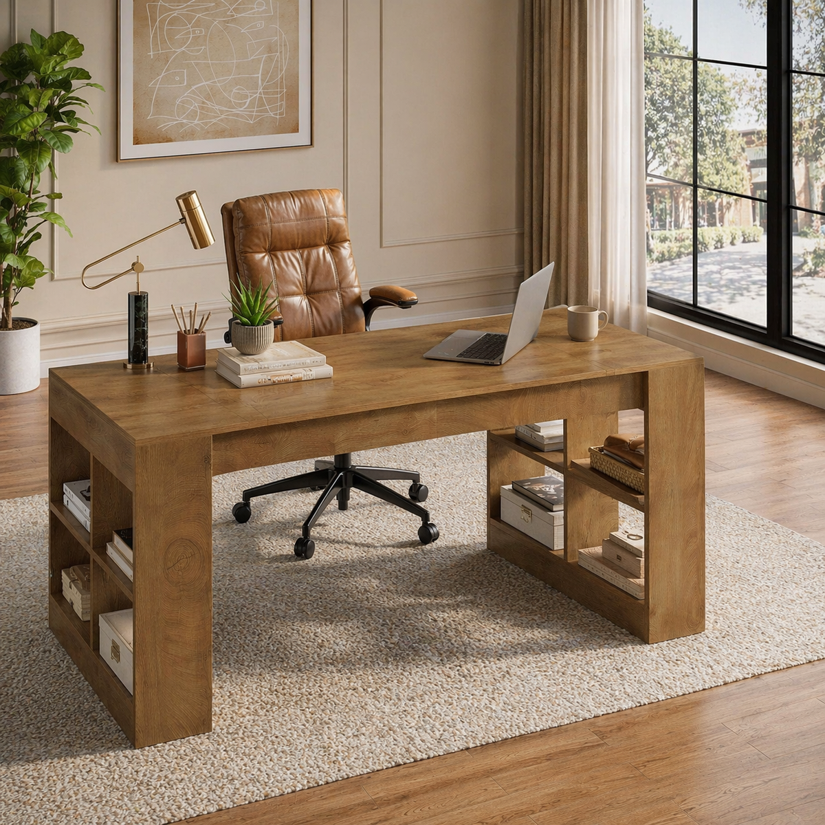 71" Executive Desk with Storage Shelves &amp; Ergonomic High-Back Office Chair Set, Rustic Brown