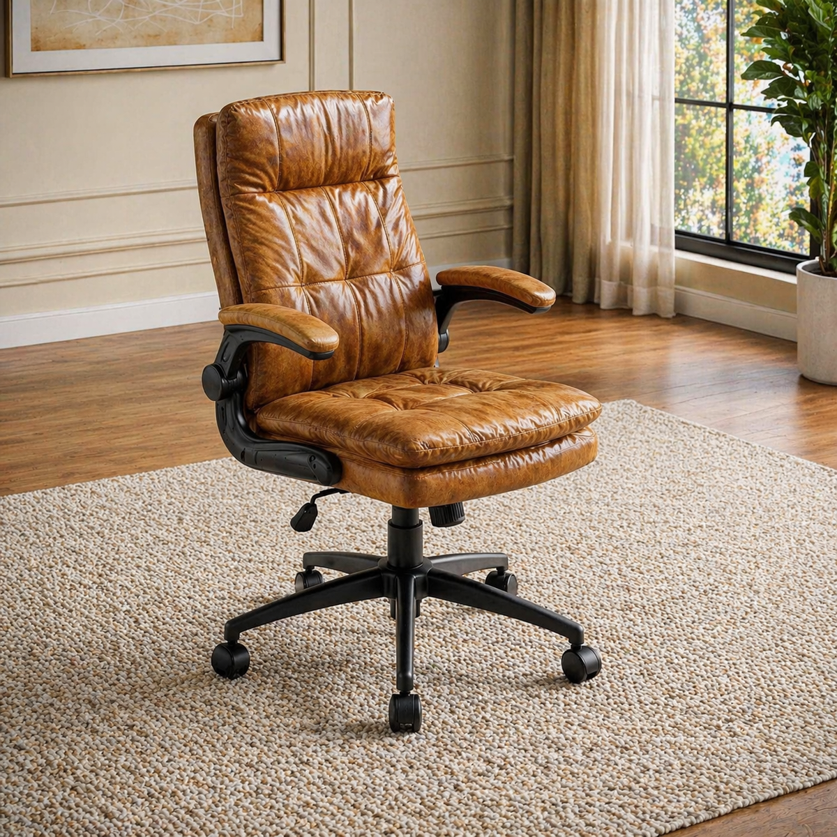 71" Executive Desk with Storage Shelves &amp; Ergonomic High-Back Office Chair Set, Rustic Brown