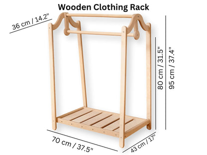 Wooden kids clothing rack from Red Oceanus featuring a sturdy, natural wood design with hanging space and shelves for children’s clothes.