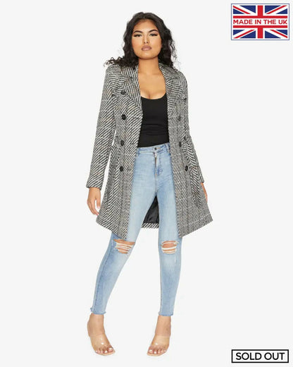 Black and white wool blend check double-breasted military coat by Rose Eleusis, stylish jacket with structured design.