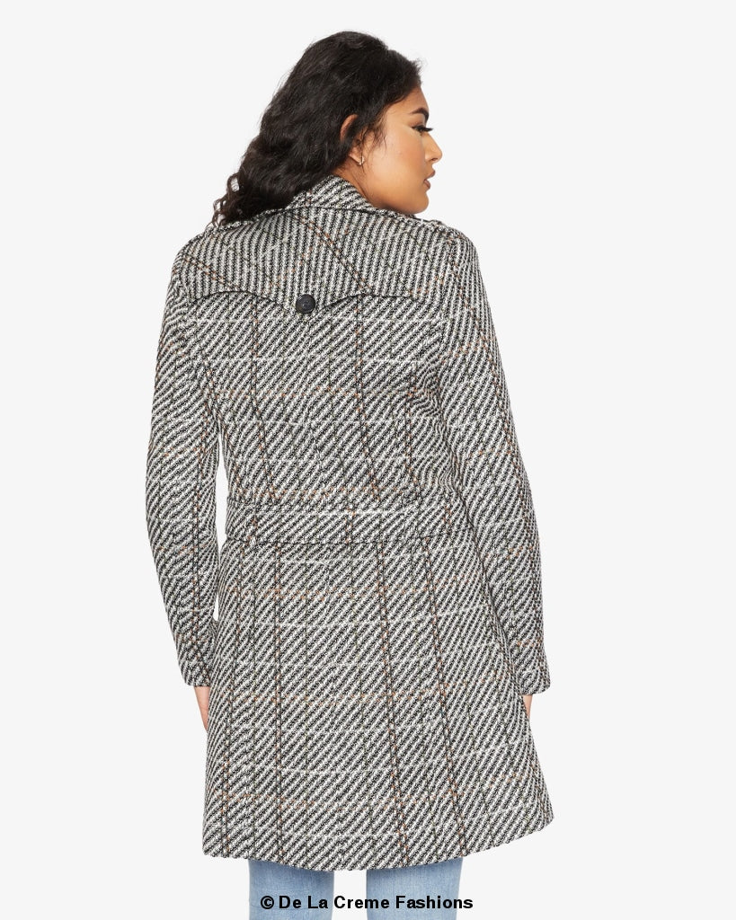 Rose Eleusis wool blend check double-breasted military coat, stylish jacket with classic pattern and tailored fit.