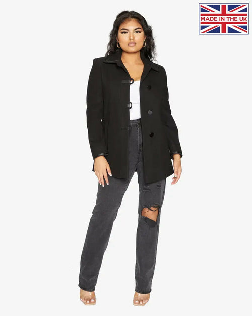 Black Wool Blend Contrast Trim Coat by Rose Eleusis, stylish jacket with contrasting details, perfect for cold weather wear.
