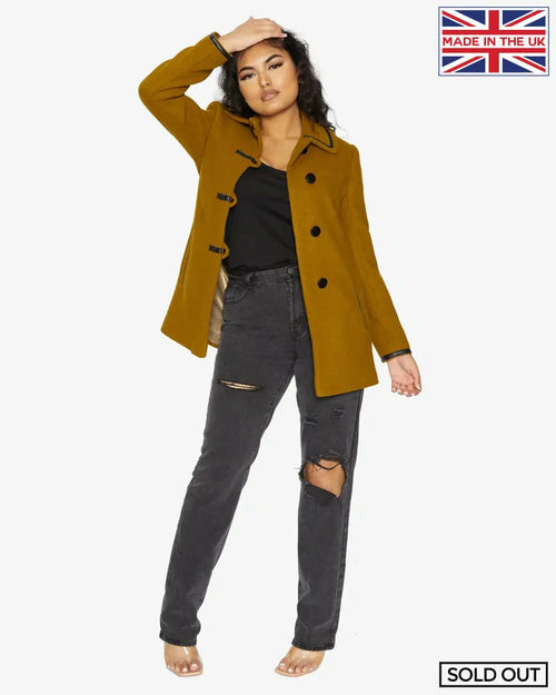 Rose Eleusis wool blend contrast trim coat in lime, stylish jacket with color-block design and tailored fit.