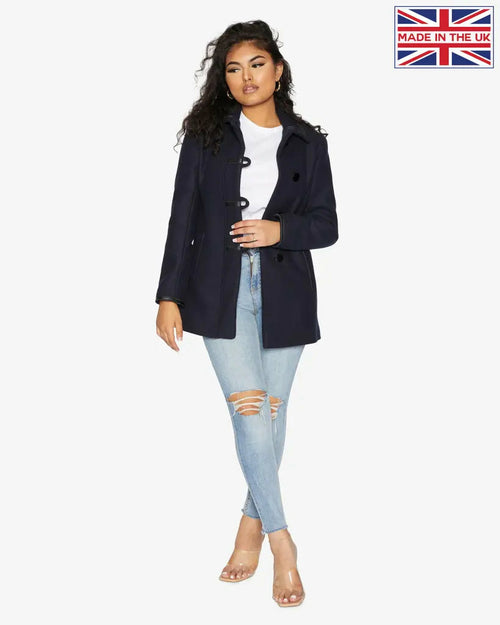 Navy Wool Blend Contrast Trim Coat by Rose Eleusis, stylish jacket with contrasting details and tailored fit.