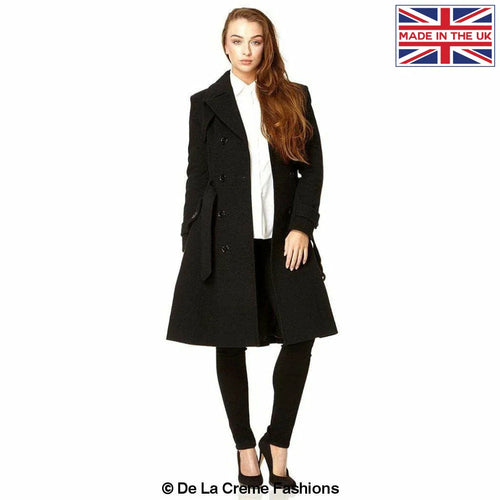 Black Rose Eleusis faux wool blend double-breasted coat, stylish jacket with lapels and button closure, perfect for winter wear.