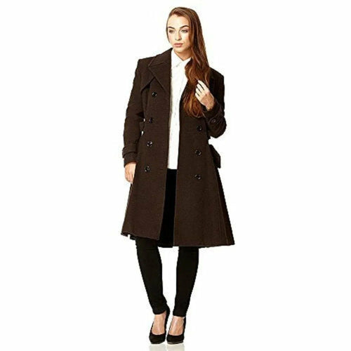 Brown Rose Eleusis faux wool blend double-breasted coat with lapels and buttons, displayed on a hanger.