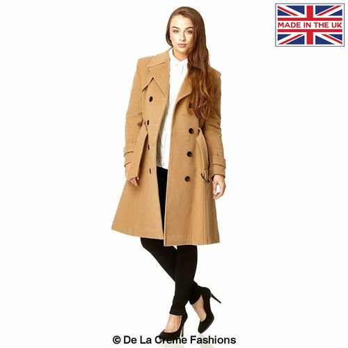 Rose Eleusis faux wool blend double-breasted coat in camel, stylish jacket with lapels and button details, close-up view