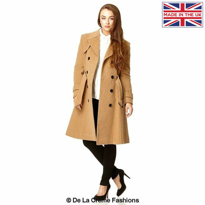 Rose Eleusis faux wool blend double-breasted coat in camel, stylish jacket with lapels and button details, close-up view