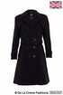 Navy faux wool blend double-breasted coat by Rose Eleusis, shown on a model, with classic lapels and button details.
