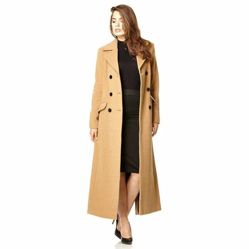 Camel wool blend double-breasted long coat by Rose Eleusis, stylish jacket with wide lapels and button closure, full-length design.