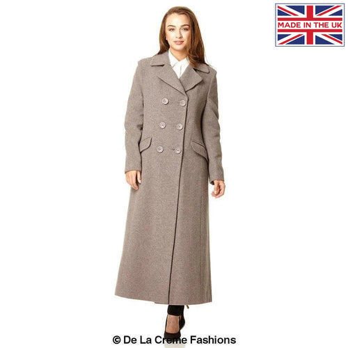 Silver wool blend double-breasted long coat by Rose Eleusis, shown on a model, featuring classic lapels and tailored fit for winter wear.