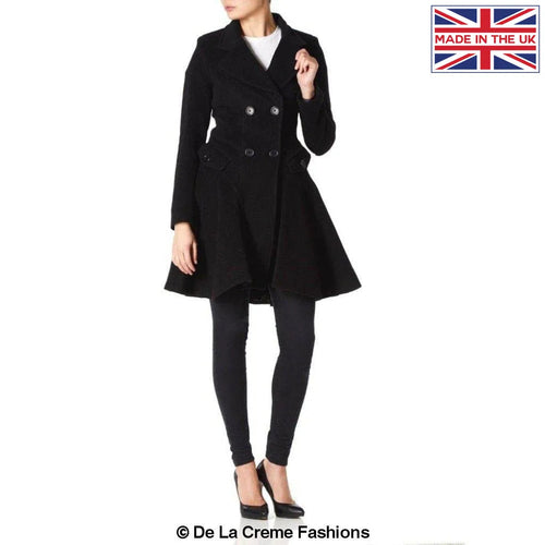 Black Wool Blend Fit and Flare Double Breasted Skater Coat by Rose Eleusis, stylish jacket with tailored details.