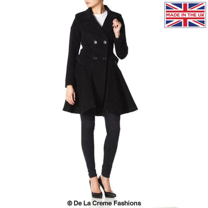 Black Wool Blend Fit and Flare Double Breasted Skater Coat by Rose Eleusis, stylish jacket with tailored details.