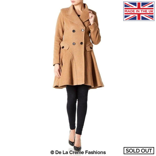 Camel wool-blend fit and flare double-breasted skater coat by Rose Eleusis, stylish jacket with tailored collar and button details.