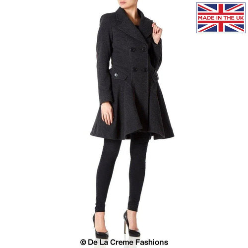 Grey Wool Blend Fit and Flare Double Breasted Skater Coat by Rose Eleusis, stylish and warm jacket for women.