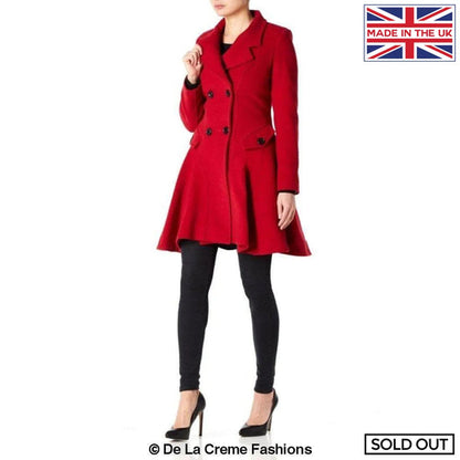 Red Wool Blend Fit and Flare Double Breasted Skater Coat by Rose Eleusis, stylish jacket with tailored details.
