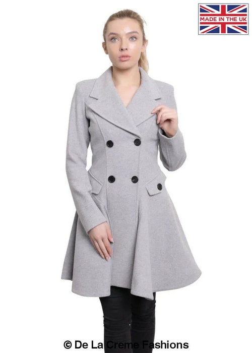 Silver wool-blend fit and flare double-breasted skater coat by Rose Eleusis, stylish jacket for chilly weather.