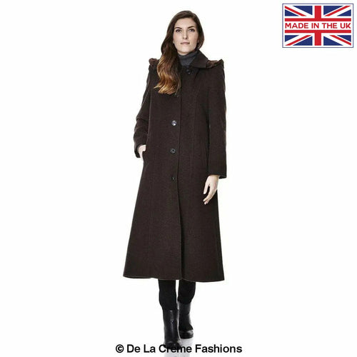 Brown Rose Eleusis wool feel faux fur trim hooded long coat, stylish jackets and coats with cozy faux fur accents.