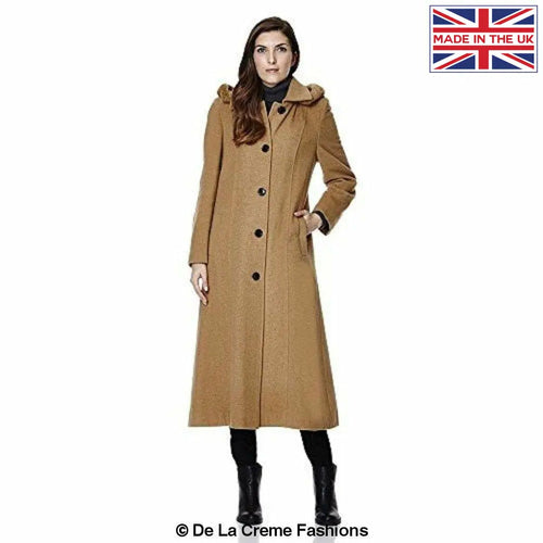 Camel wool blend faux fur trim hooded long coat by Rose Eleusis, stylish jackets and coats for chilly weather.