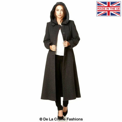 Gray Wool Feel Faux Fur Trim Hooded Long Coat by Rose Eleusis, stylish jacket with cozy faux fur trim and hood.