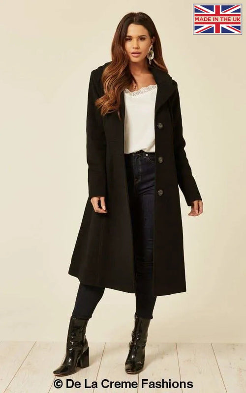 Black Wool Blend Hooded Mid Length Coat by Rose Eleusis, shown on a model in a casual outdoor setting.