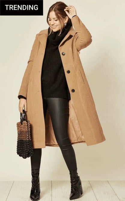 Camel wool blend hooded mid-length coat by Rose Eleusis, showcasing front view with hood and tailored fit.