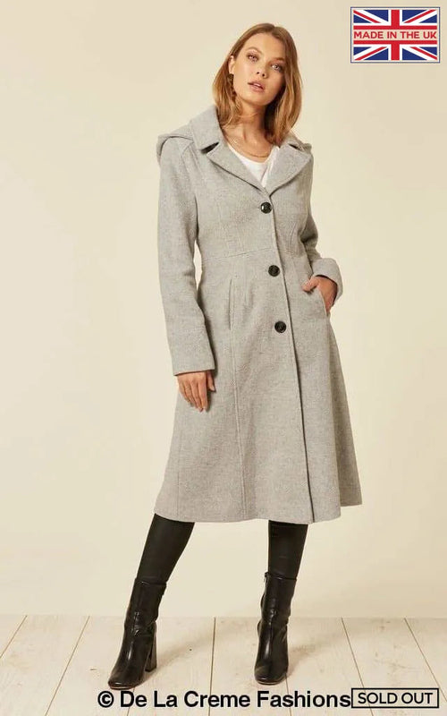 Rose Eleusis wool blend hooded mid-length coat in silver, featuring a cozy hood and stylish design for women&