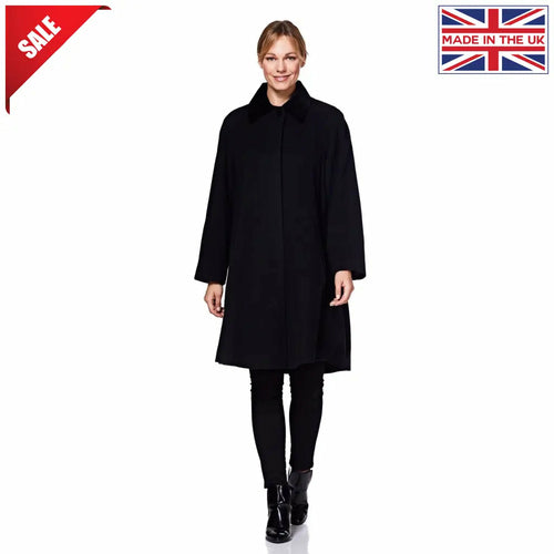 Black wool blend oversized swing coat with velvet trim from Rose Eleusis, featuring a stylish and comfortable design.