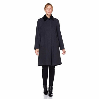 Grey Wool Blend Oversized Swing Coat with Velvet Trim from Rose Eleusis, stylish jacket with a relaxed fit and elegant detailing.
