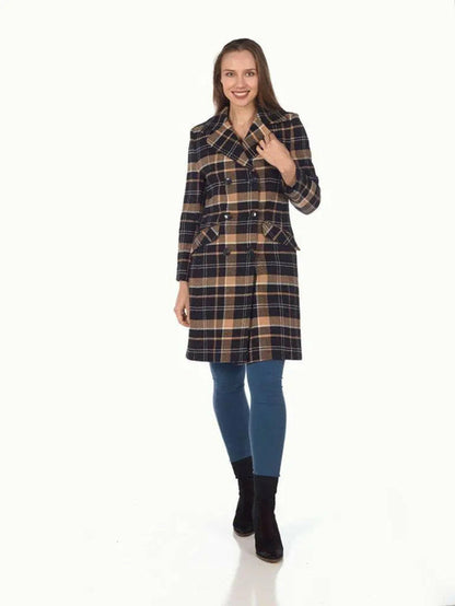 Brown wool blend tartan check double-breasted coat by Rose Eleusis, showing front view with classic collar and button details.