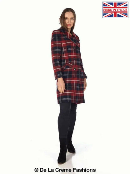 Red wool blend tartan check double-breasted coat by Rose Eleusis, stylish jackets and coats with classic pattern and tailored fit.