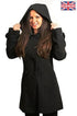 Black Wool Feel Double Breasted Hooded Coat by Rose Eleusis, featuring a stylish hood and tailored design for jackets and coats.