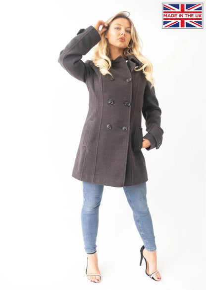 Grey Wool Feel Double Breasted Hooded Coat by Rose Eleusis, shown on a model, featuring a stylish double-breasted design and hood.