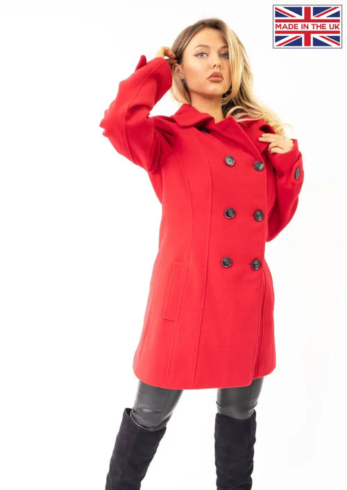 Red Wool Feel Double Breasted Hooded Coat by Rose Eleusis, stylish jacket with button details and hood, on a plain background.