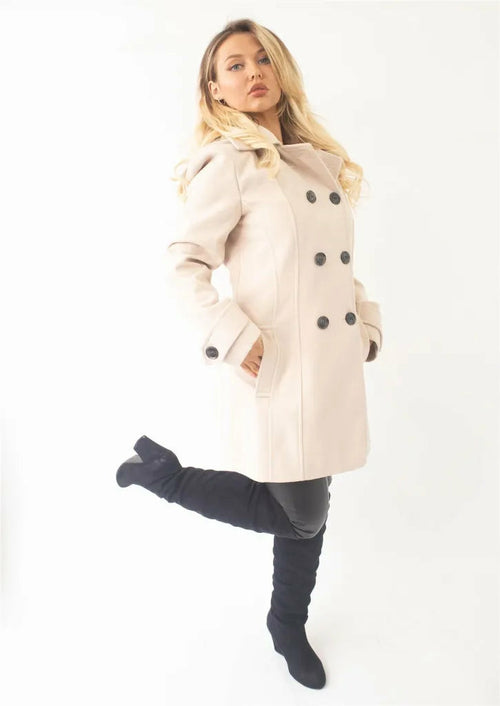 Rose Eleusis wool feel double-breasted hooded coat in stone, featuring a tailored design and front buttons, perfect for fall.