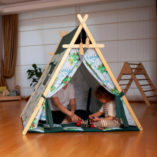 Red Oceanus XL play tent with a world map design and matching play mat for kids, perfect for imaginative indoor play.