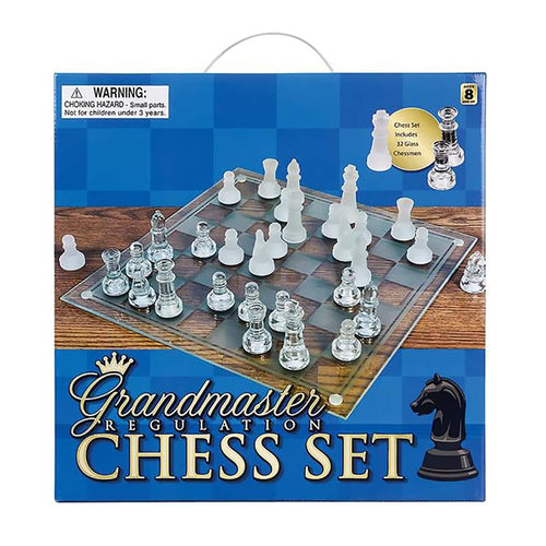 Copper Hecuba Zummy 14-inch glass chess set with clear glass pieces and board, ideal for strategic and decorative play.