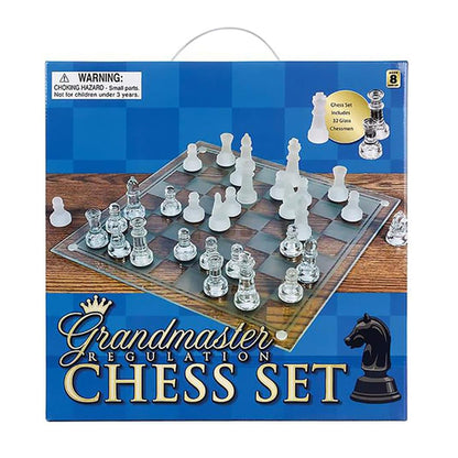 Copper Hecuba Zummy 14-inch glass chess set with clear glass pieces and board, ideal for strategic and decorative play.