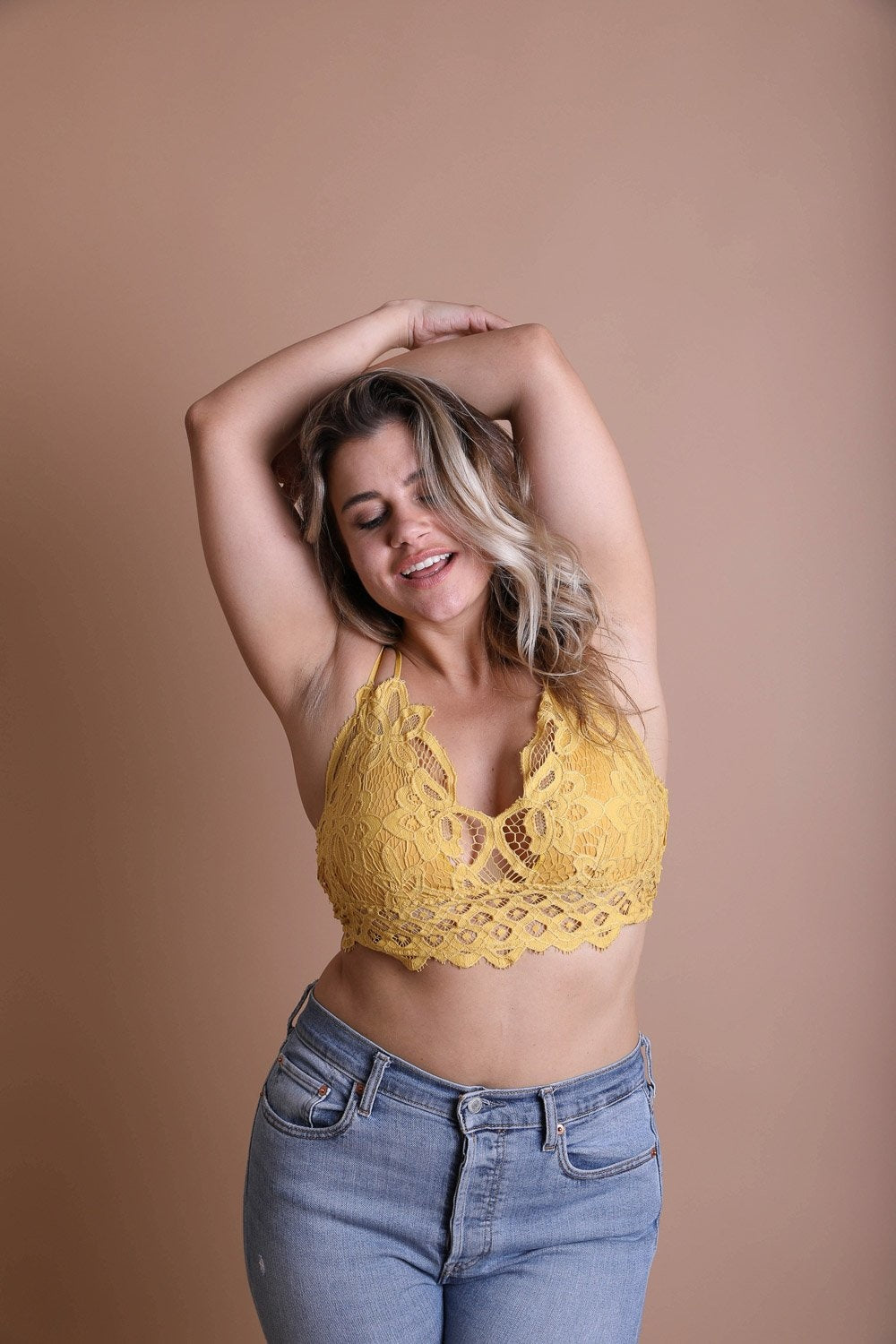 Plus crochet lace longline bralette from Periwinkle Aether featuring padded crochet lace design and extended fit.